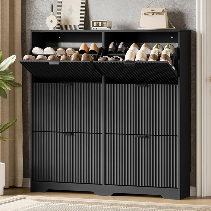 Xixini Shoe Storage Cabinet for Entryway with 6 Flip Drawers, Hidden Slim Wood Shoe Organizer with Modern Fluted Panel, Freestanding Narrow Shoe Rack for Front Door Entrance, Hallway, Foyer, Black