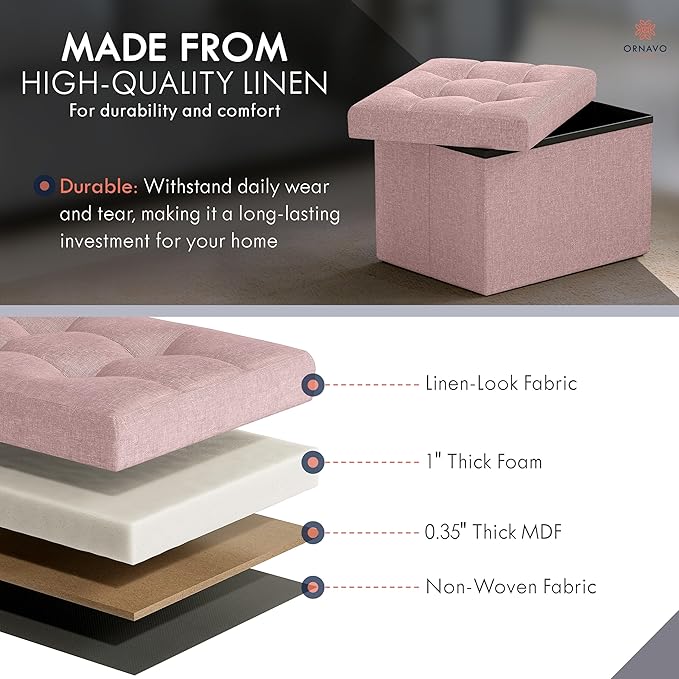 Ornavo Home Small Storage Ottoman Foldable Collapsible Rectangle Linen Ottoman - Image 4