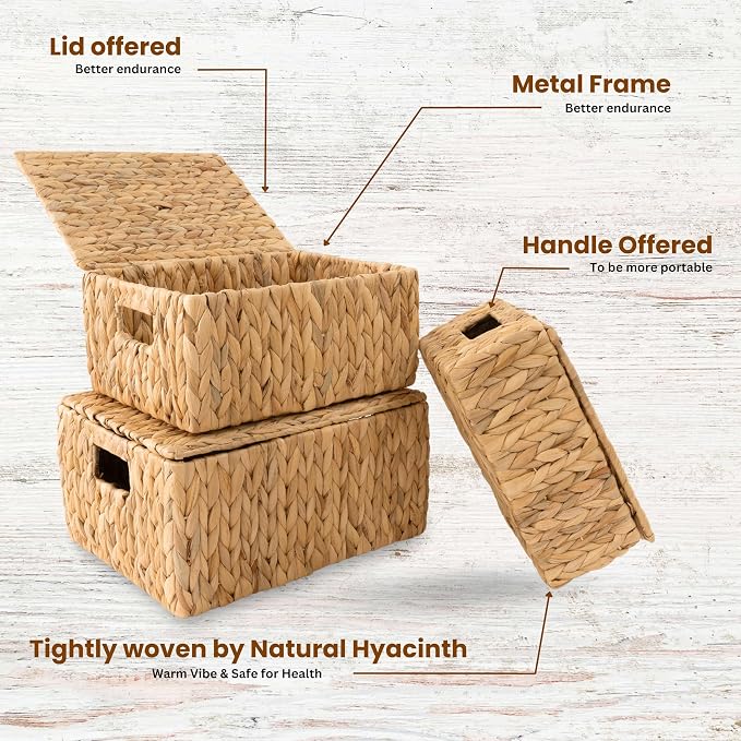 Wicker Storage Baskets with Lid, Set 3 Basket With Lid Decorative Storage - Image 5