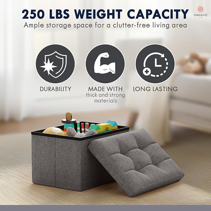 Ornavo Home Small Storage Ottoman Foldable Collapsible Rectangle Linen Ottoman - Image 7