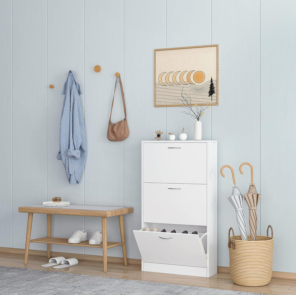 Karl home White Narrow Entryway Shoe Cabinet, 3 Flip Drawer Shoe Rack