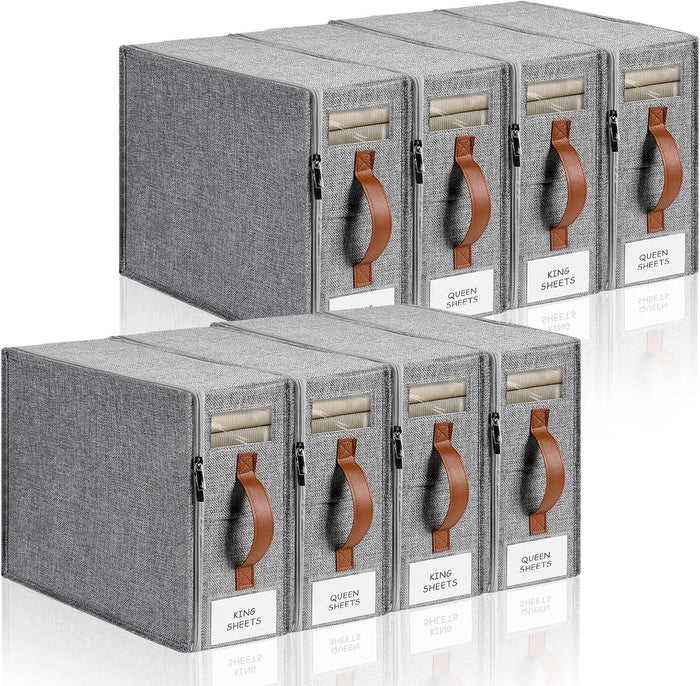 8pack Bed Sheet Organizer, Foldable Linen Closet Organizers and Storage with Sealed Design, Queen & King Size Sheet Storage with Window, Closet Organizer for Bedsheets/Blankets/Clothes, Linen
