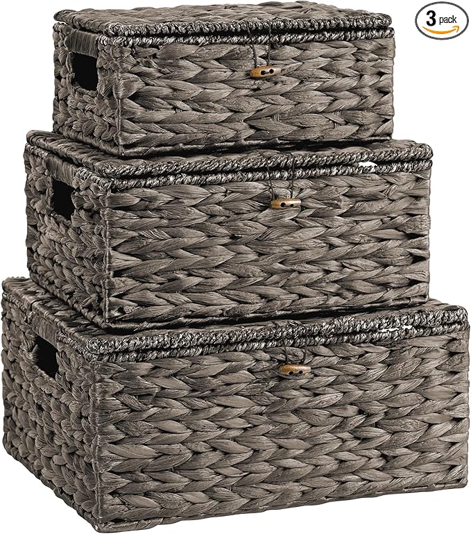 Wicker Storage Baskets with Lids and Handles, Hand Woven Rattan Storage Bins Box by Ollieroo