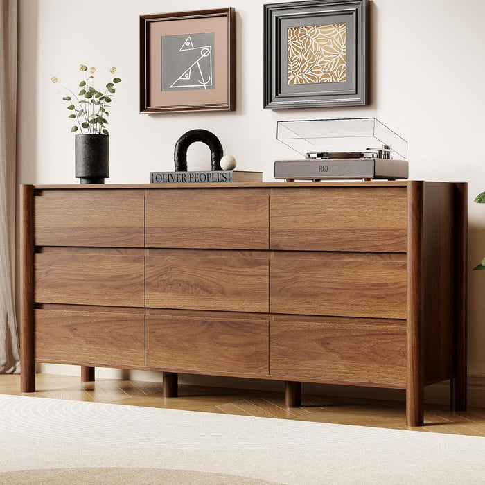 HOUROM Walnut Dresser for Bedroom,63"Wide 9 Drawer Mid Century Modern Chest