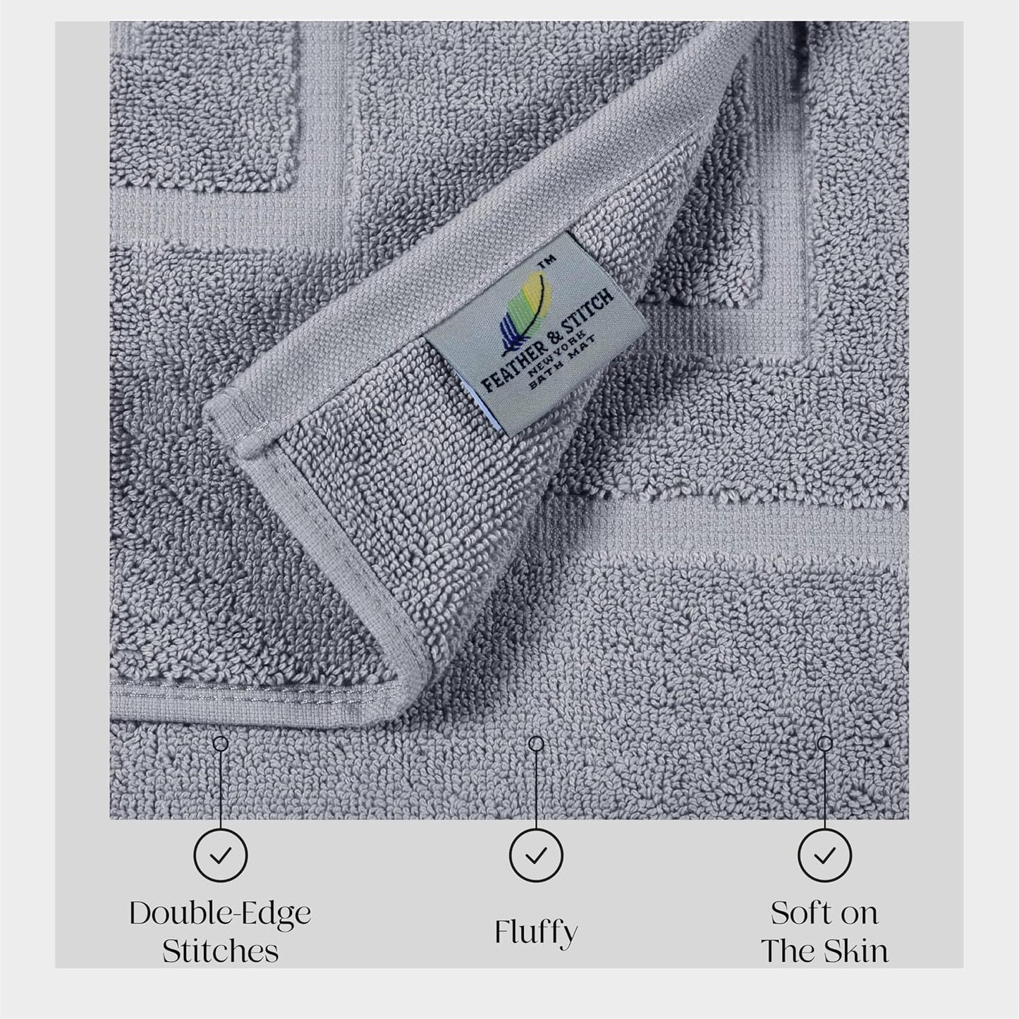 Feather & Stitch 2 Piece Towel Like Bath Mats (30x21 Inch) 100% Cotton Terry Bath Mats, Bathroom Shower Floor Mats [NOT A Bathroom Rug], Soft Absorbent Washable Mats - Grey
