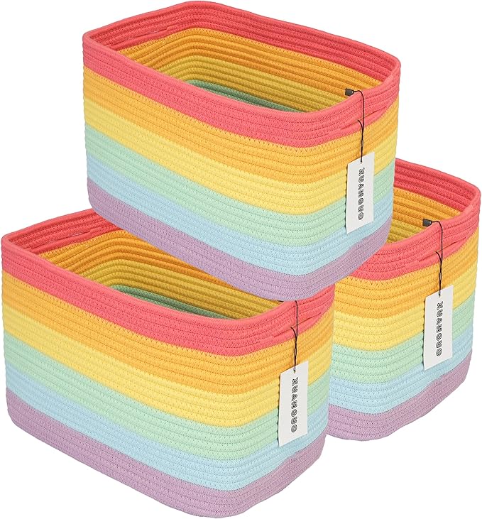 3-Pack Rainbow Storage Baskets 14.5X9.5X9.3“ – Woven Toy Organizer Bins by XUANGUO