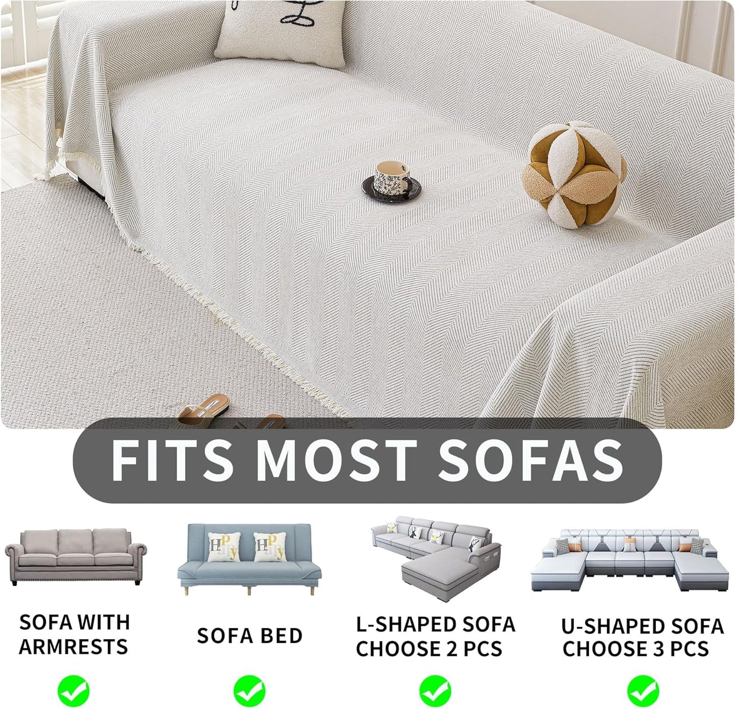 HAOMAIJIA Non Slip couch cover sofa covers for 3 cushion couch Washable sectional couch covers for Dogs pet Furniture Protector Couch Cover Blanket for Living Room (Off white, 91"x150")