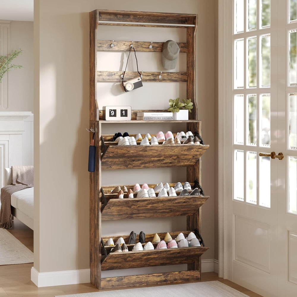 Wodeer Tall Shoe Cabinet with Coat Rack, Hidden Shoe Storage Cabinet with Doo...
