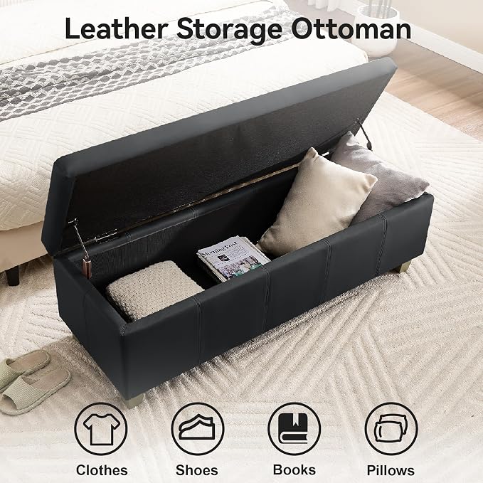 51" Faux Leather Storage Ottoman, Stitch Tufted Rectangle Upholstered End of - Image 3