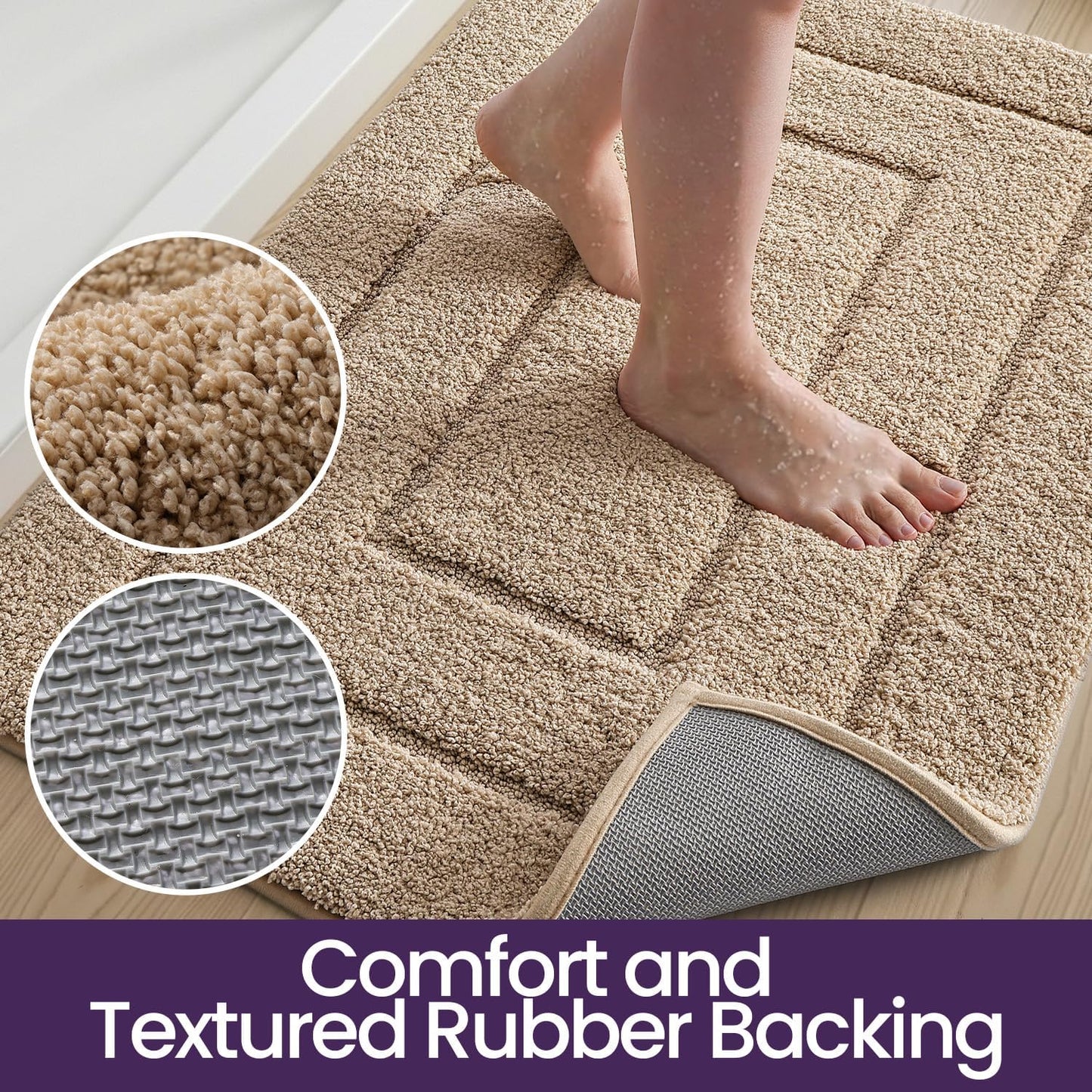 DEXI Bathroom Rug 43x24, Non Slip Washable Bath Mat for Shower Floor, Extra Large Absorbent Soft Bathmat with Rubber Backing, Quick Dry Microfiber Carpet, Beige
