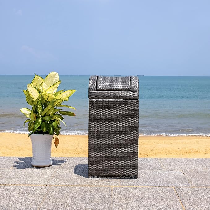 SAFAVIEH Outdoor Collection Mazeli Grey Brown Woven Swing Top Dome Lid Trash - Image 2