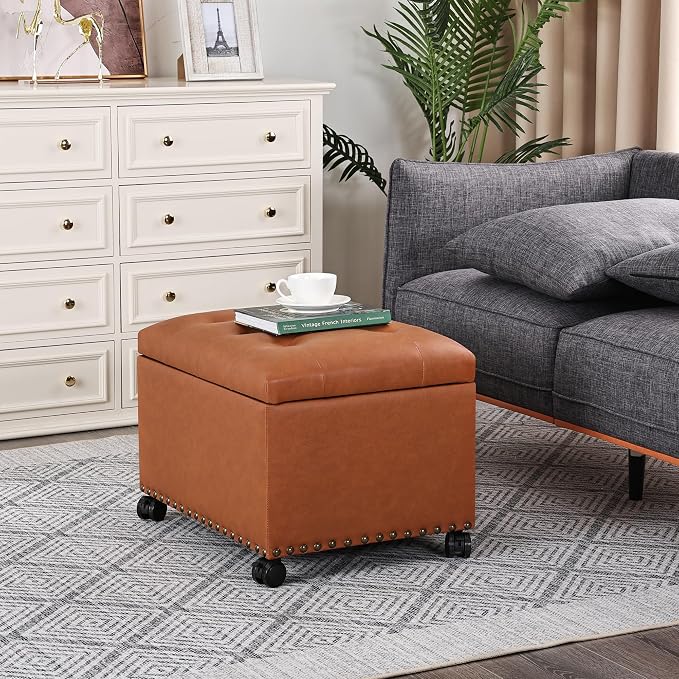 24" Square Ottomans with Storage, Leather Ottoman with Storage with Lockable - Image 2