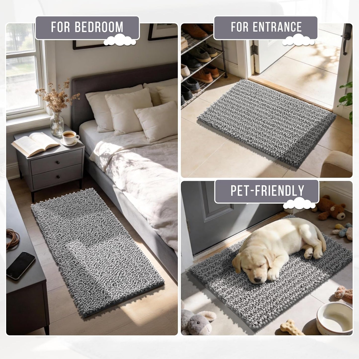 Yimobra Bathroom Rugs Non-Slip Washable – Extra Soft & Absorbent Chenille Bath Mat, Quick-Dry Plush Shaggy Floor & Vanity Bath Rugs for Tub & Shower, Modern Home Decor Accessories, 24 x 17, Grey