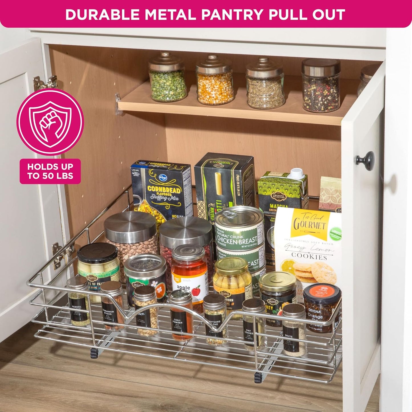 HOLDN’ STORAGE Pull Out Cabinet Organizer, Pantry Drawer, 28"W x 21"D x 5"H | Heavy-Duty Full-Extension, Roll Out Shelf for Pots, Pans & Under Sink Storage, Chrome, Require a 29.25"W Cabinet Opening