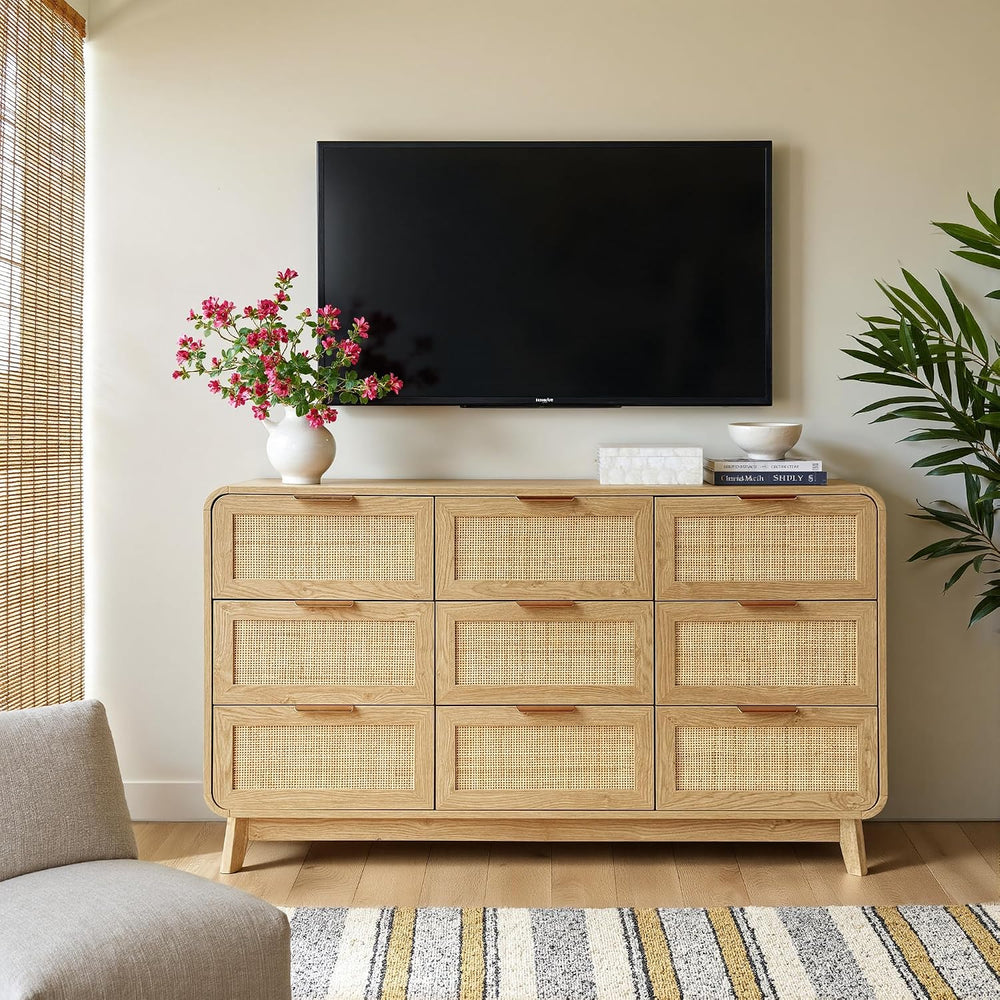 FORTUNETEC Rattan Dresser with Storage, Modern Farmhouse 9 Drawer Dresser, 55...