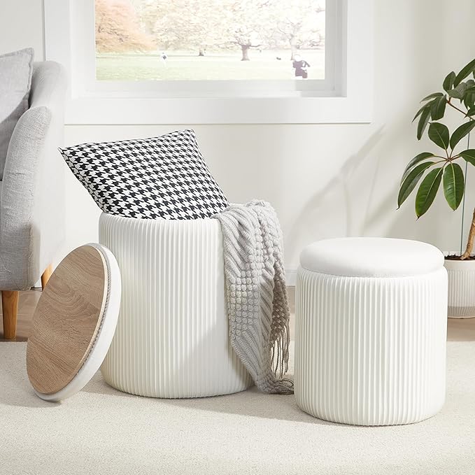 Round Ottoman with Storage Set of 2, Vanity Stool with Storage by RoyalWindsor