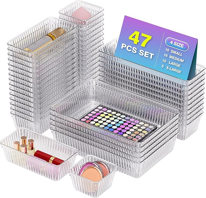47 PCS Clear Plastic Drawer Organizer Set by Okylvve