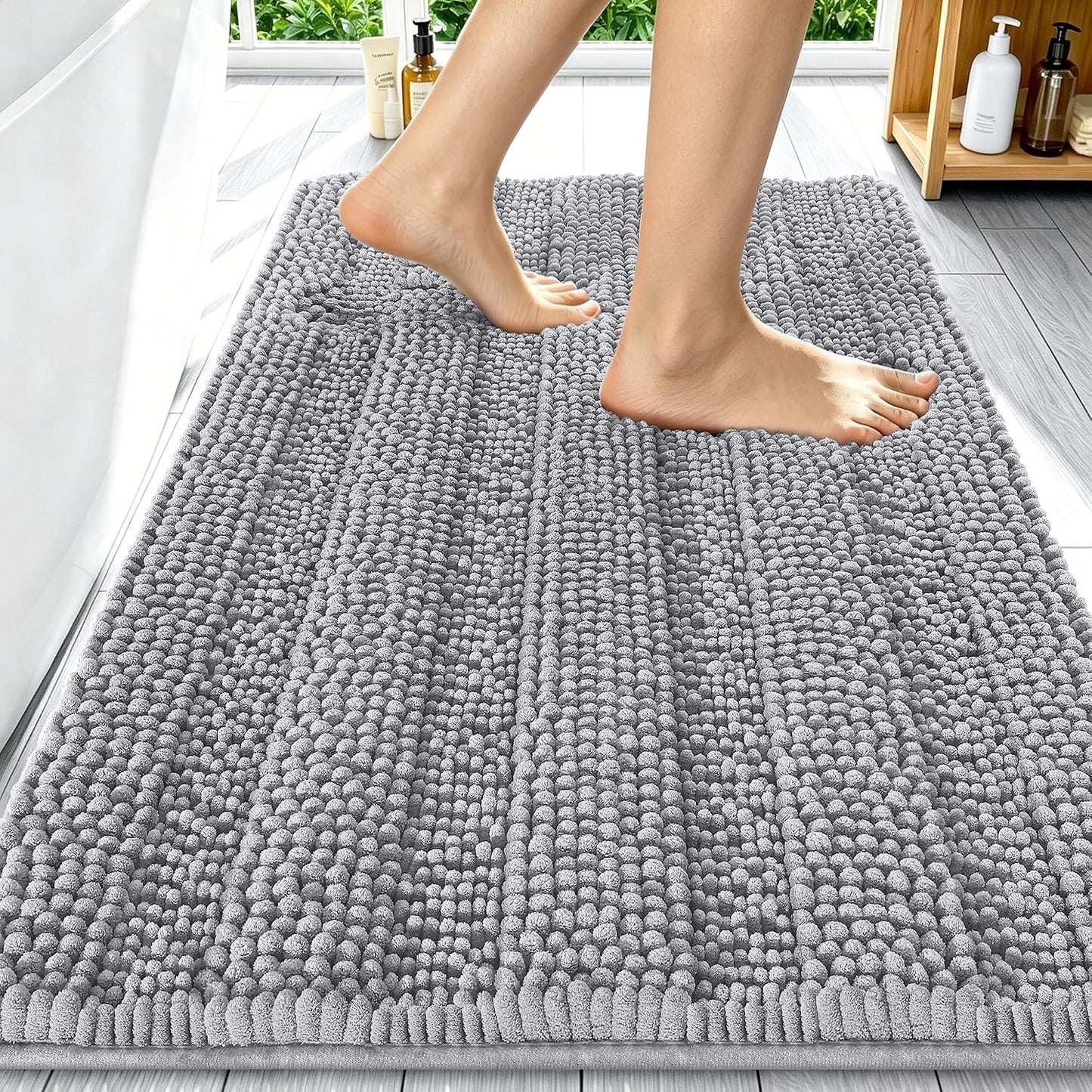 Smiry Thick Chenille Bathroom Rugs 30x20, Extra Soft Absorbent Striped Bath Mat, Machine Washable, Rubber Backing, Bath Rugs for Tub & Shower, Modern Home Decor Accessories, Grey