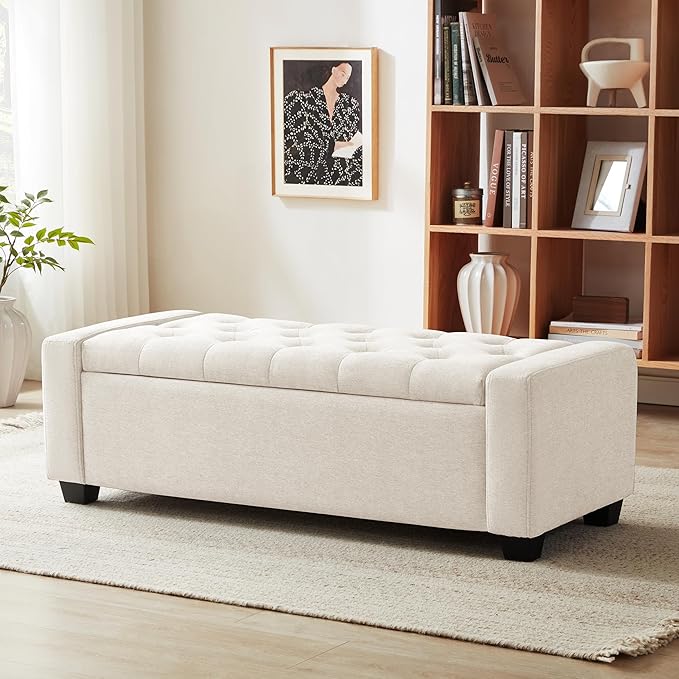 48" Ottoman with Storage, Storage Ottoman Bench with Safety Hinge, Upholstered by huateanhome