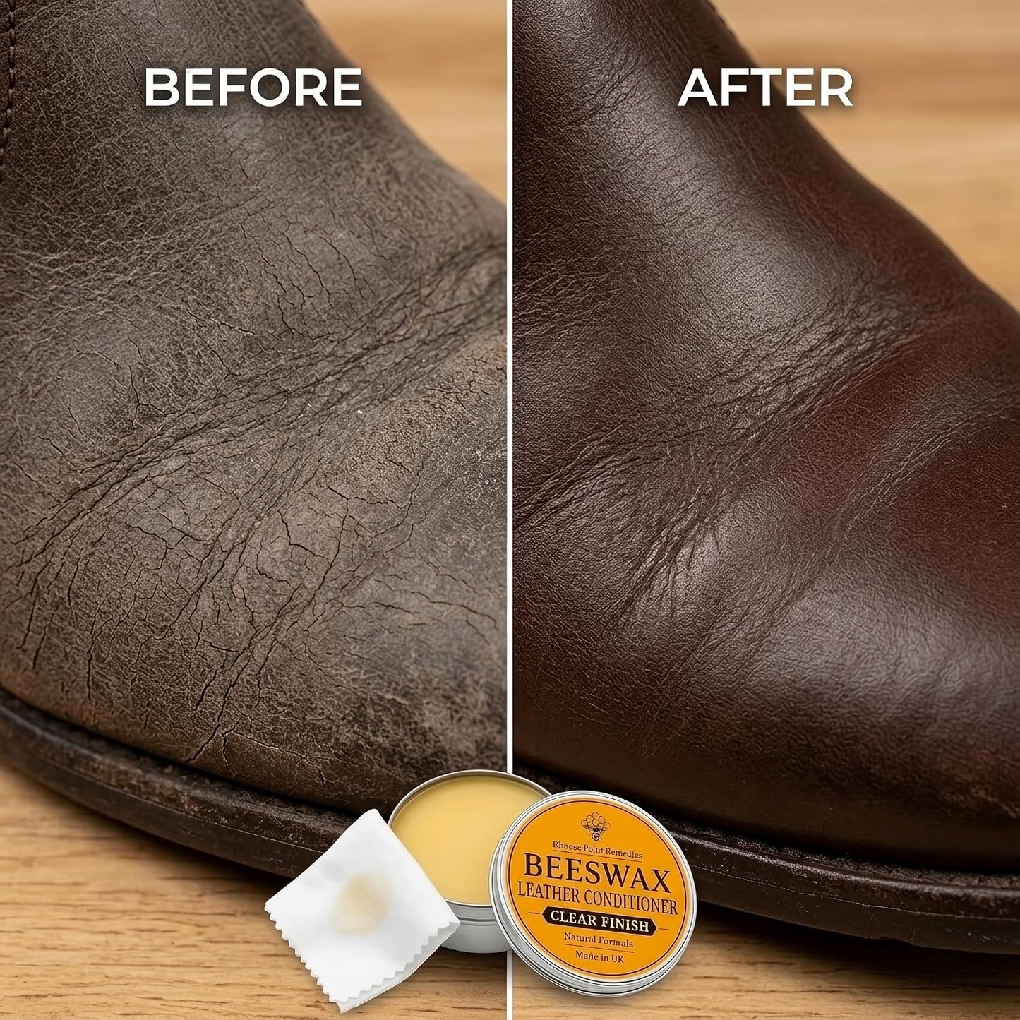 Beeswax Leather Conditioner Restorer & Polish - Hand Poured British Beeswax Balsam CLEANS SEALS and PROTECTS Handcrafted in Wales UK Rich Natural Leather Conditioner and Leather Restorer 3.50 Fl Oz