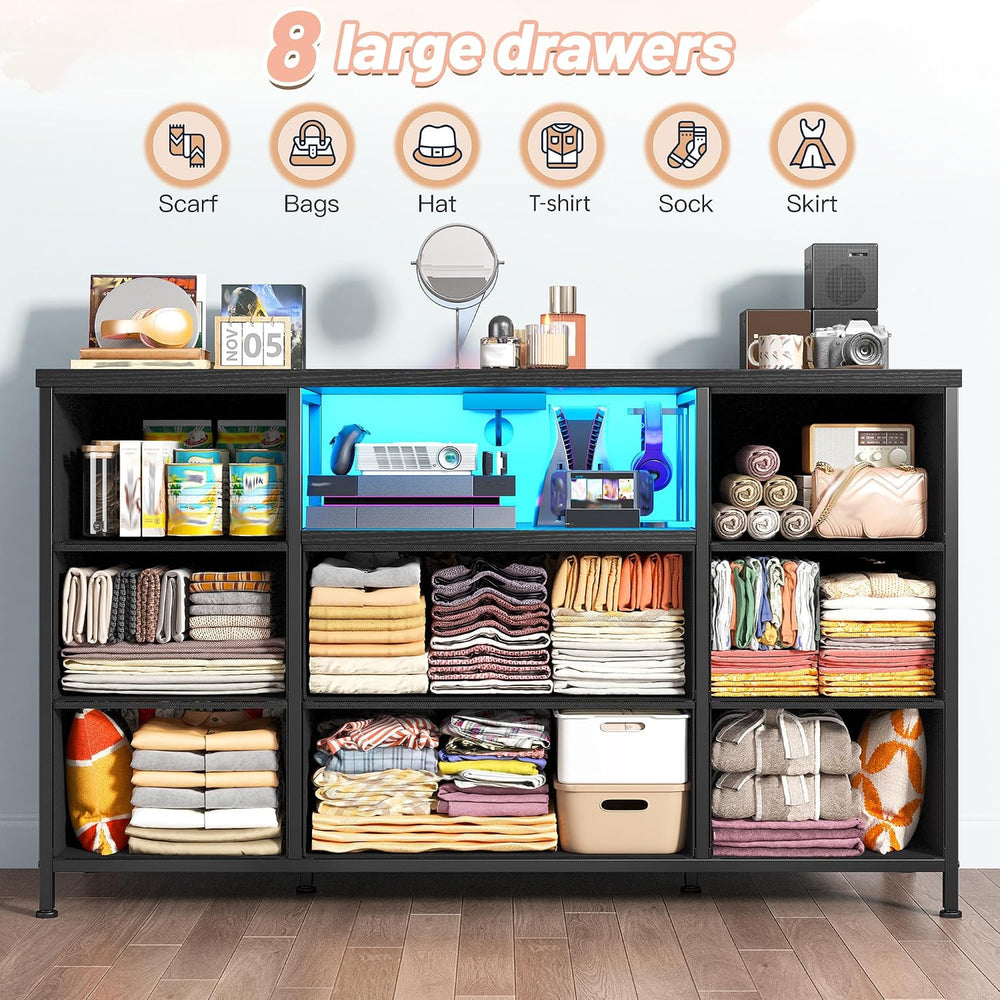 EnHomee Black Dresser for Bedroom with LED Lights & Charging Station