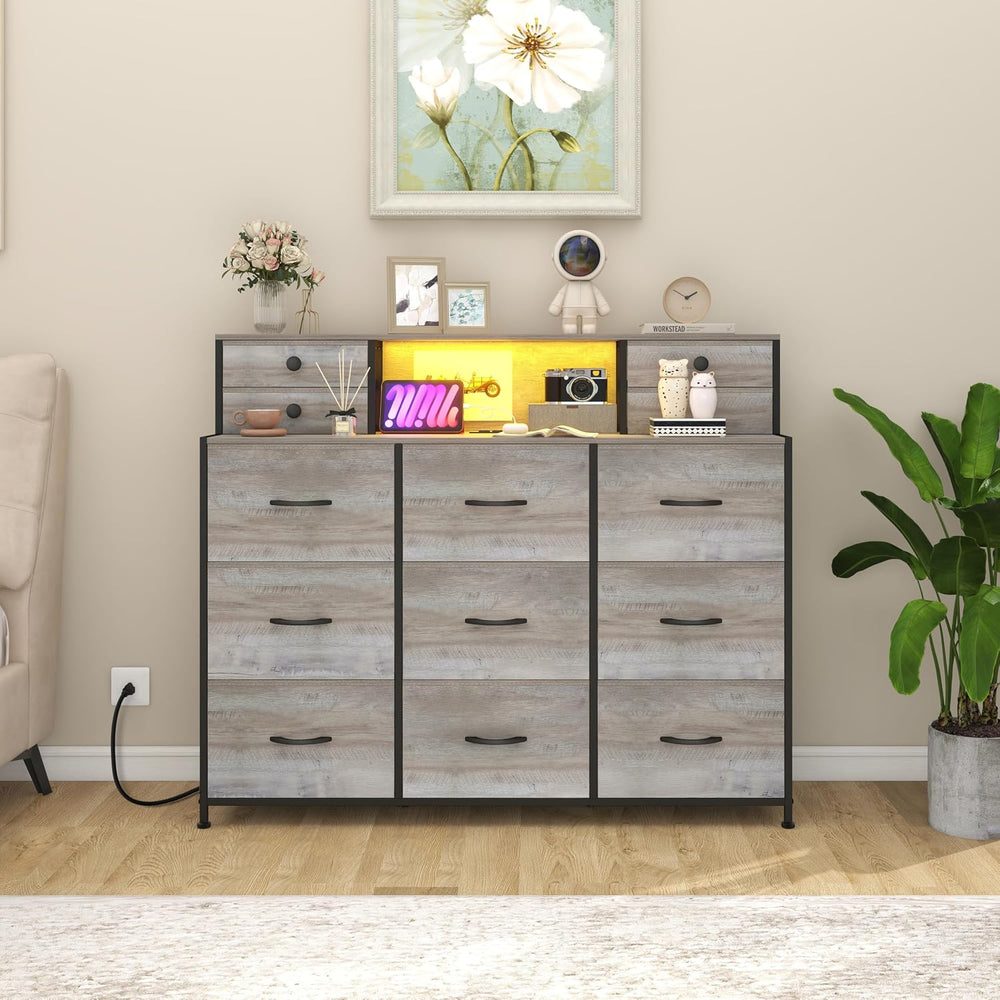 Grey Dresser with Power Outlets and LED Lights 13 Drawers Long Dresser for Be...