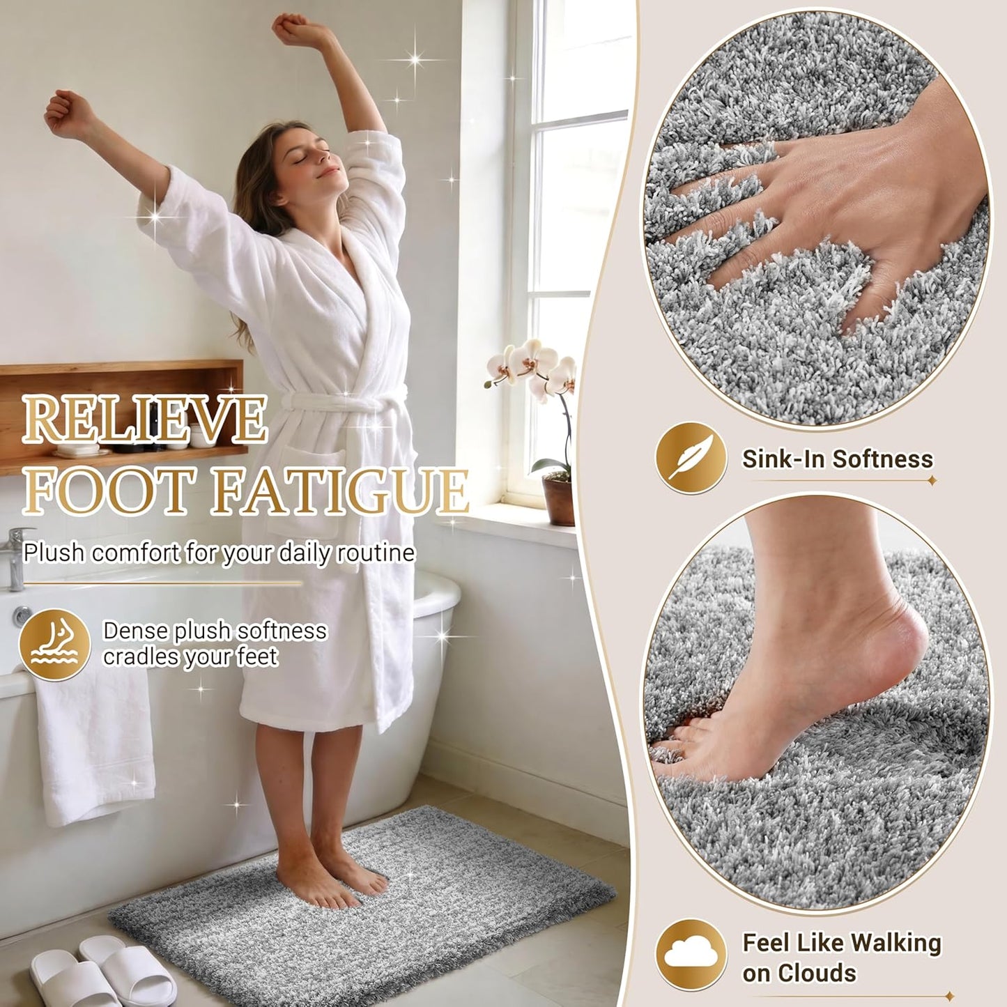 Yimobra Bathroom Rugs Non Slip Washable, Ultra Soft and Water Absorbent Bath Mats, Fluffy Shower Mat Outside, Plush Matts for Bathroom Floor/Sink, 24X17, Home Decor Accessories, Light Gray and White