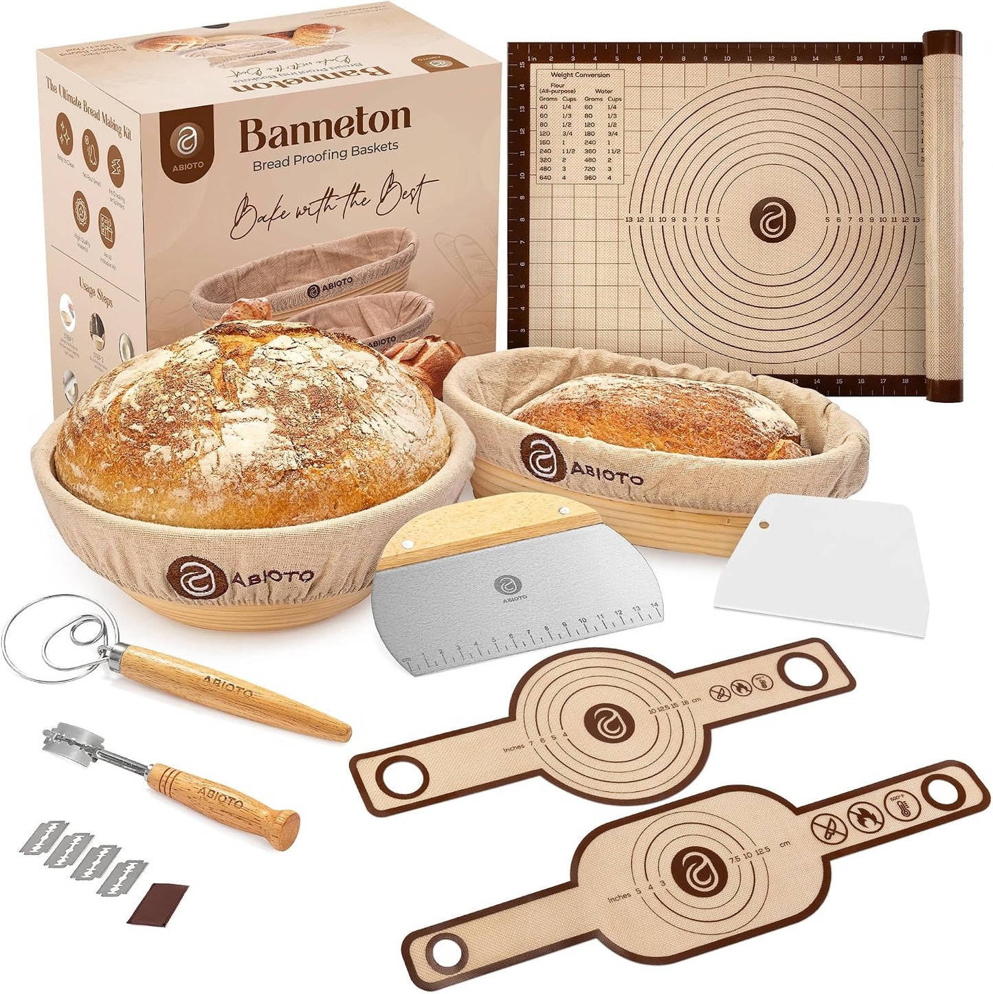 ABIOTO Banneton Baskets with Sourdough Bread Baking Supplies - 17-Piece Kit | Bread Baking Kit for Beginners - Round & Oval Sourdough Proofing Baskets, Liners, Slings, Mat, Lame, Danish Whisk, & Scrapers