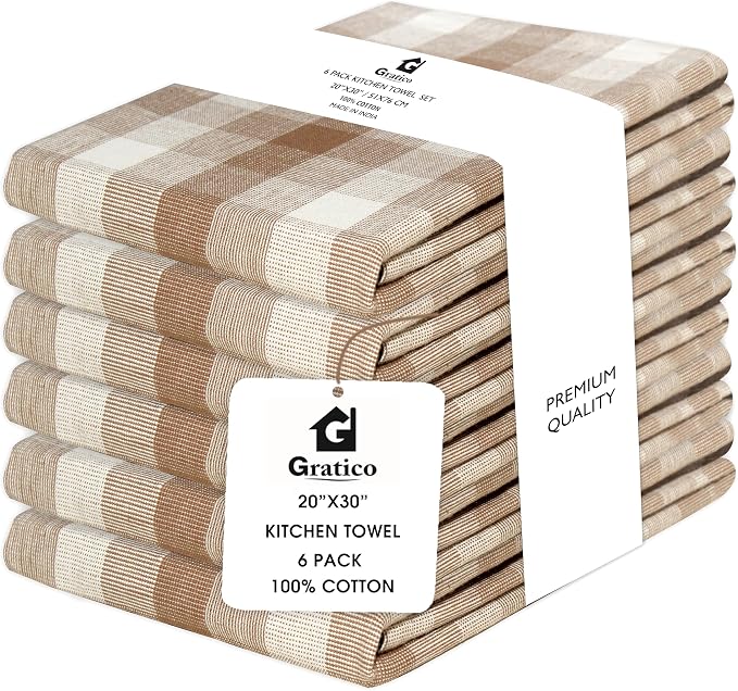 Kitchen Towels Set of 6 Brown/Ivory Checks 20x30 Inches 100% Cotton Highly by Gratico