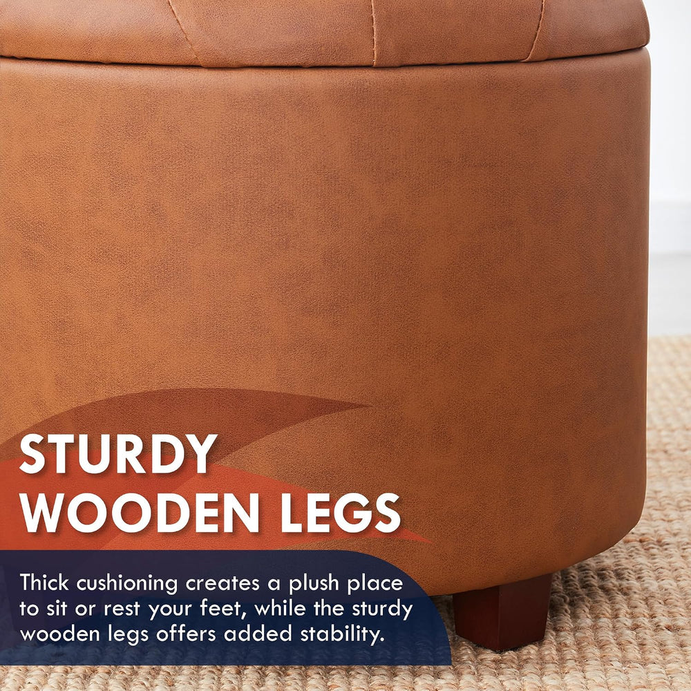 Ornavo Home 18" Round Storage Ottoman with Lid, Holds 300 lbs, Cognac