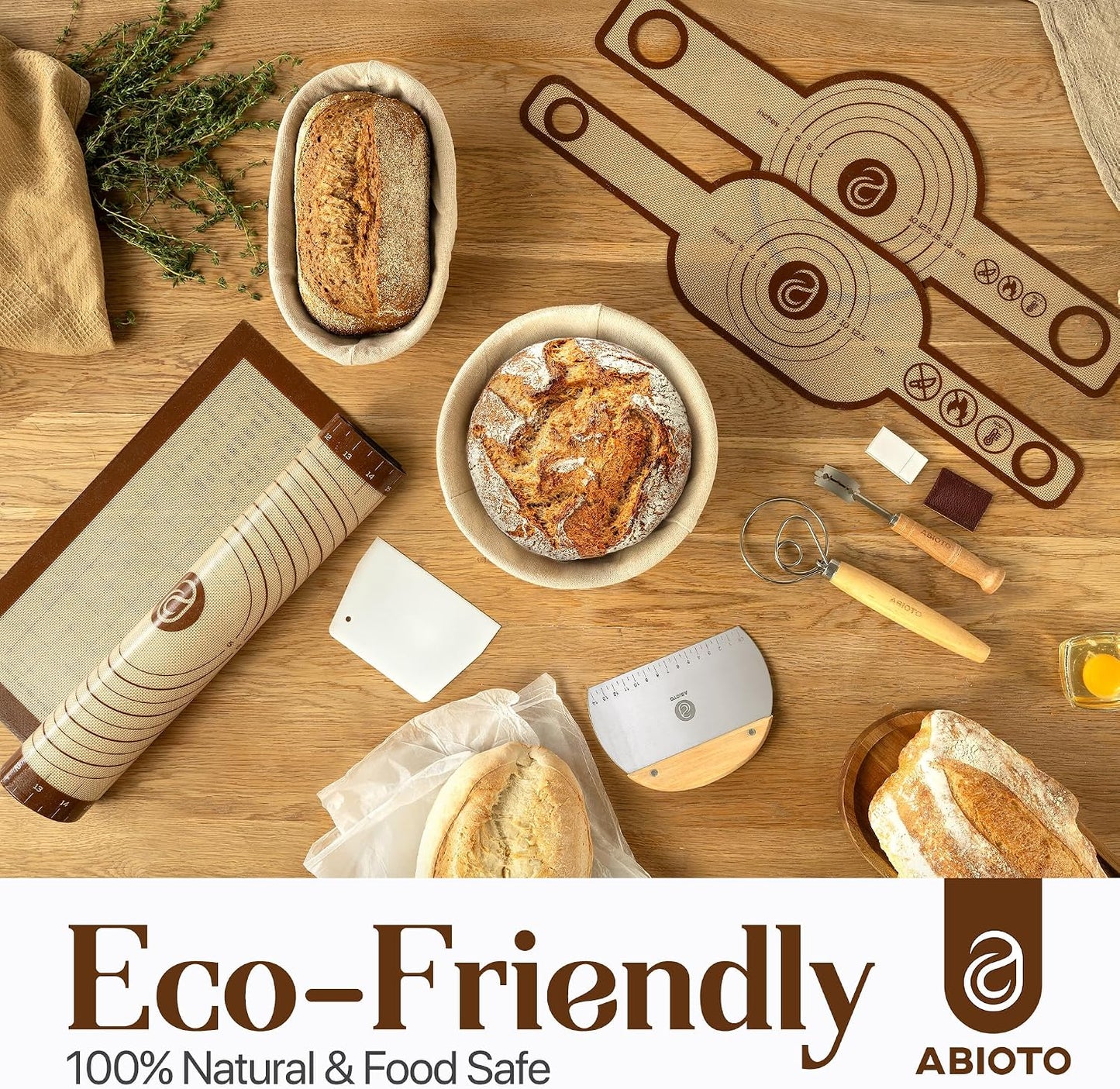 ABIOTO Banneton Baskets with Sourdough Bread Baking Supplies - 17-Piece Kit | Bread Baking Kit for Beginners - Round & Oval Sourdough Proofing Baskets, Liners, Slings, Mat, Lame, Danish Whisk, & Scrapers