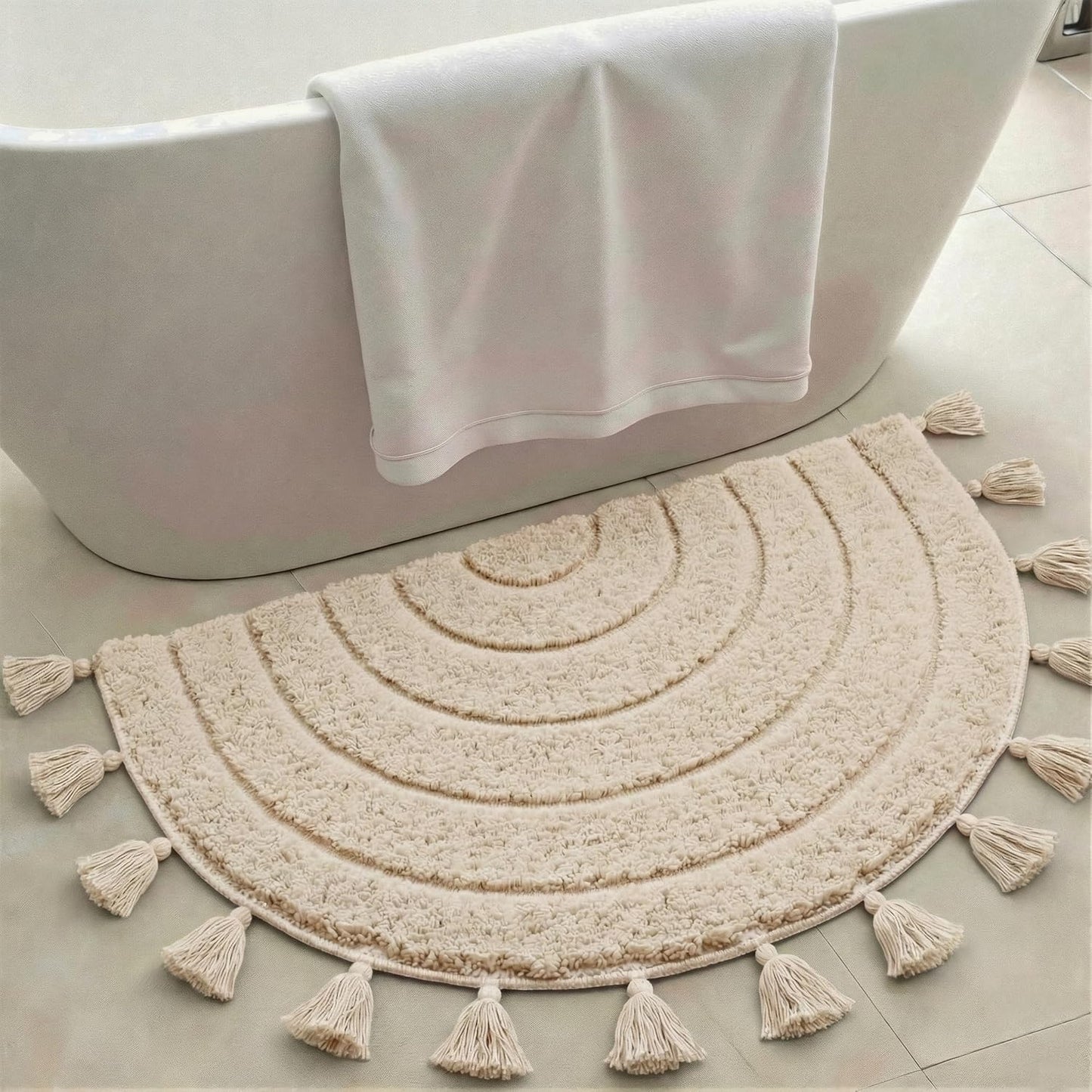 Cute Boho Bathroom Rug with Tassels, Non Slip Absorbent Plush Soft Half Circle Bath Mat, Hand-Woven Fun Semicircle Bath Rug for Bathroom Floor, Bohemian Decor, Machine Washable, 20"x32", Beige