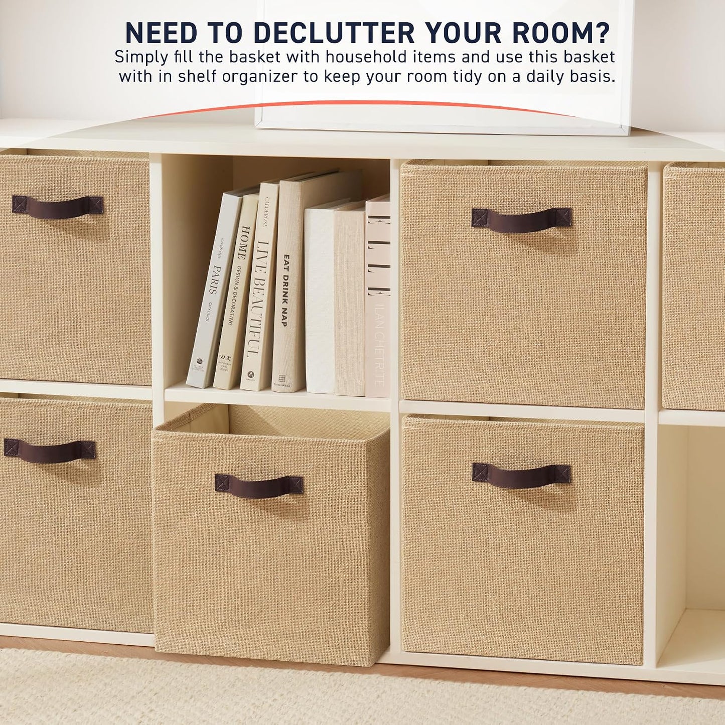 Ornavo Home 10.5x10.5 Jute Storage Cube Bins, 6 Pack, Leather Handles | Foldable Collapsible Fabric Shelf Basket Organizer; Ideal for Closet Storage; Storage Cube Organizers