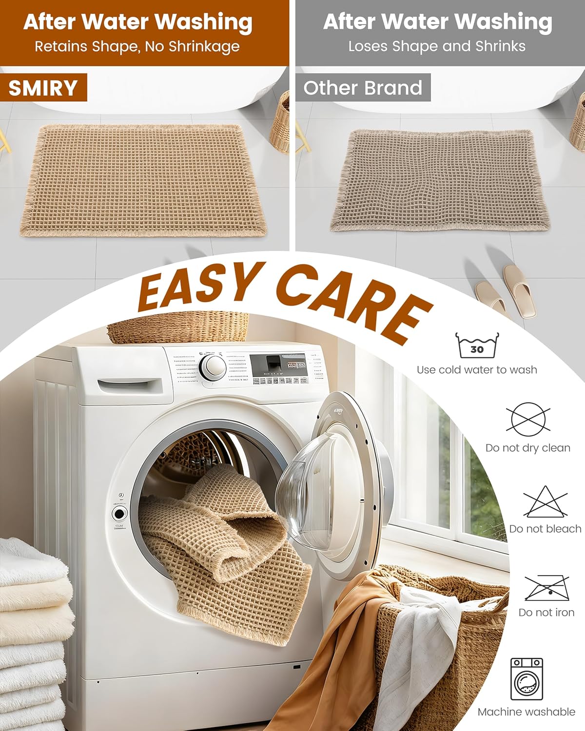 Smiry Waffle Bath Mat 30x20, Extra Soft Absorbent Bathroom Rugs, Non Slip Machine Washable Quick Dry Bath Rugs for Bathroom Floor, Tub, Shower, Home Decor Accessories, Brown