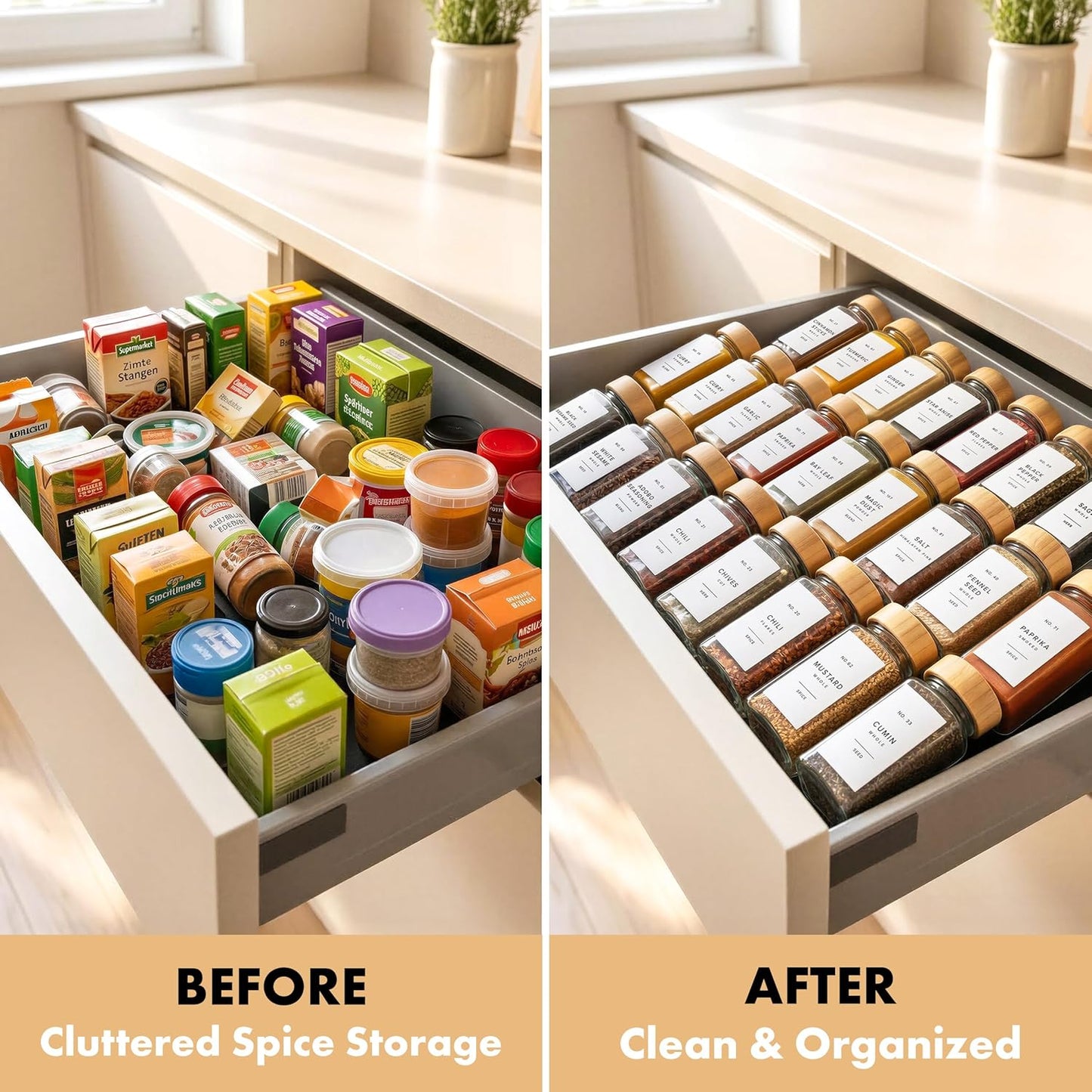 Glass Spice Jars with Label, 36x Bamboo Wooden Lids - White Labels | Airtight Lids keep spices fresh, Kitchen Spice Drawer Organizer, 4oz Seasoning Containers incl. Funnel, Brush & 240 Labels