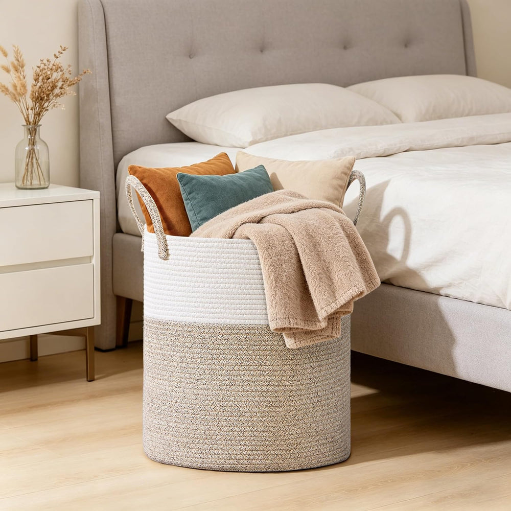 100L Extra Large Tall Cotton Rope Laundry Basket with Handle, Brown