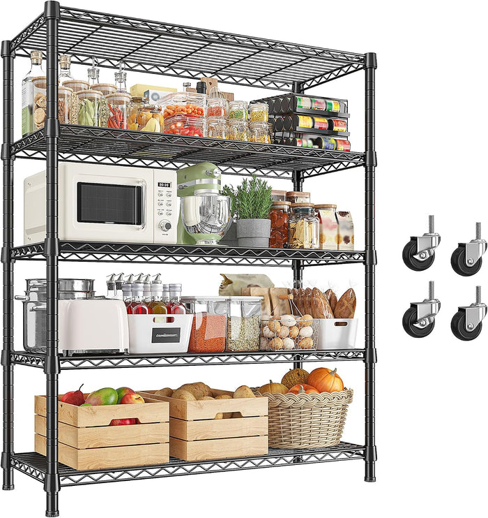 REIBII 1984LBS Heavy Duty Wire Shelving Unit with Wheels, 75.2" H Storage Shelves, 5 Tier Adjustable Metal Shelving for Pantry Kitchen Garage,No-Tools Installation, 75.2" H x 35.5" W x 16" D, Black