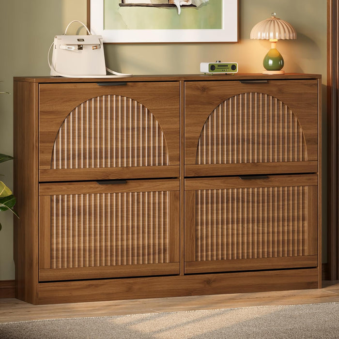 Xixini Fluted Shoe Storage Cabinet for Entryway with 4 Flip Drawers, Walnut