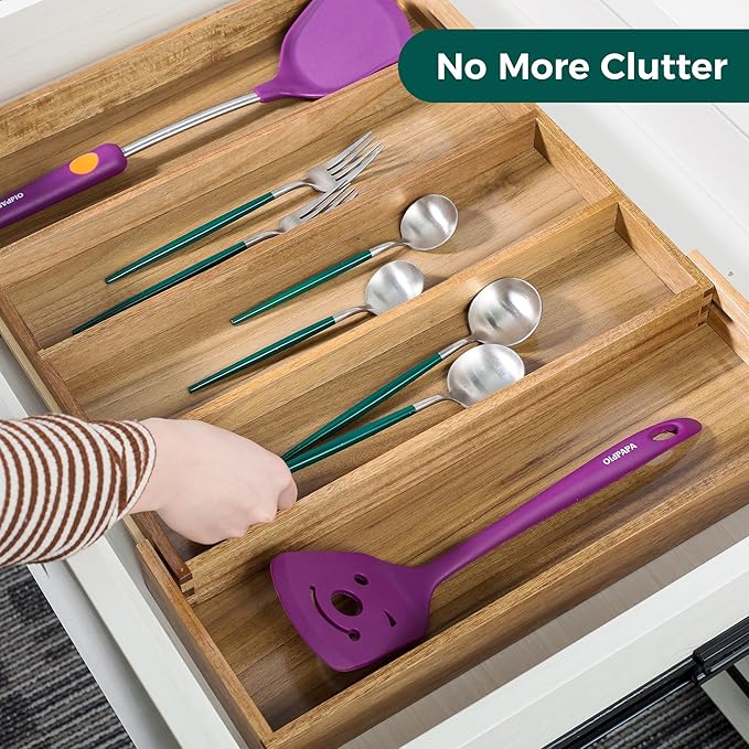 Utoplike Acacia Kitchen Drawer Organizer Expandable, Large Utensils and Cutlery - Image 2