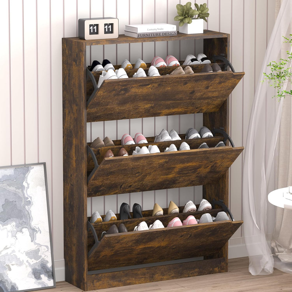 Shoe Cabinet with 3 Flip Drawers, Hidden Wood Shoe Cabinet, Freestanding Shoe
