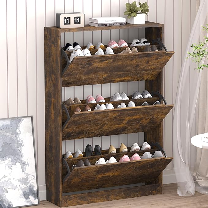 Shoe Cabinet with 3 Flip Drawers, Hidden Wood Shoe Cabinet, Freestanding Shoe by BORNOON