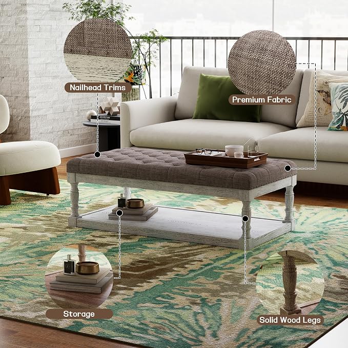48" Large Ottoman with Storage Coffee Table, Upholstered Tufted Linen Ottoman - Image 3