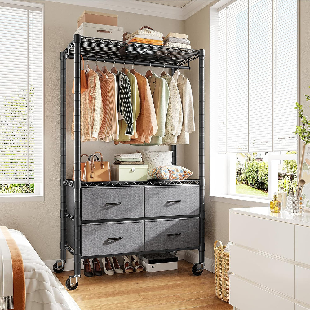 Raybee Rolling Clothes Rack, Portable Closet, 4 Drawers 4 Shelves, 450LBS