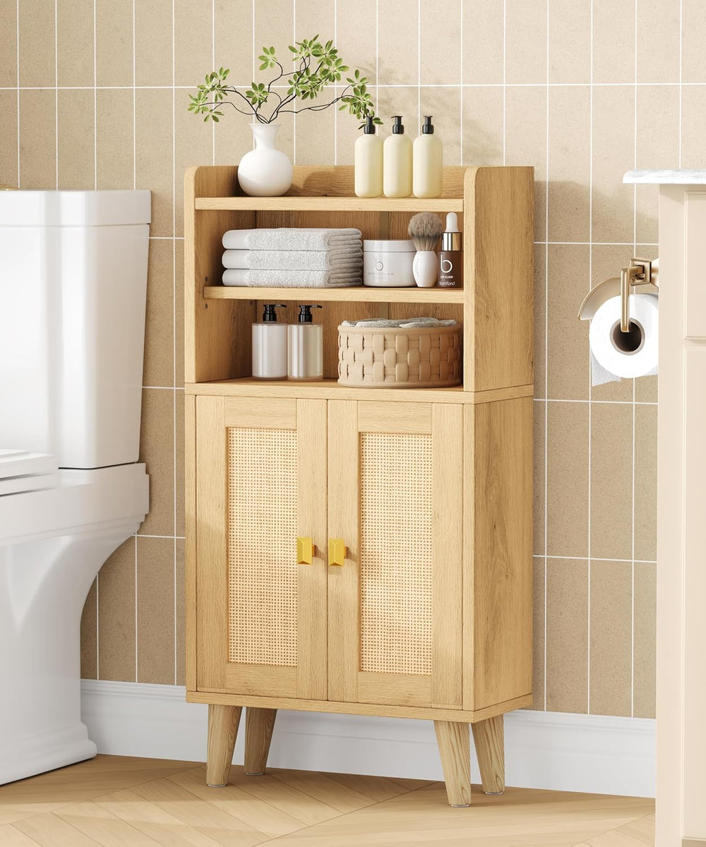 Akxomel Rattan Small Bathroom Storage Cabinet with Open Shelf 2 Doors Oak