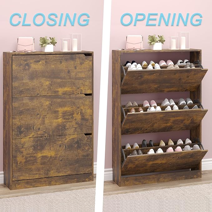 Shoe Cabinet with 3 Flip Drawers, Hidden Wood Shoe Cabinet, Freestanding Shoe