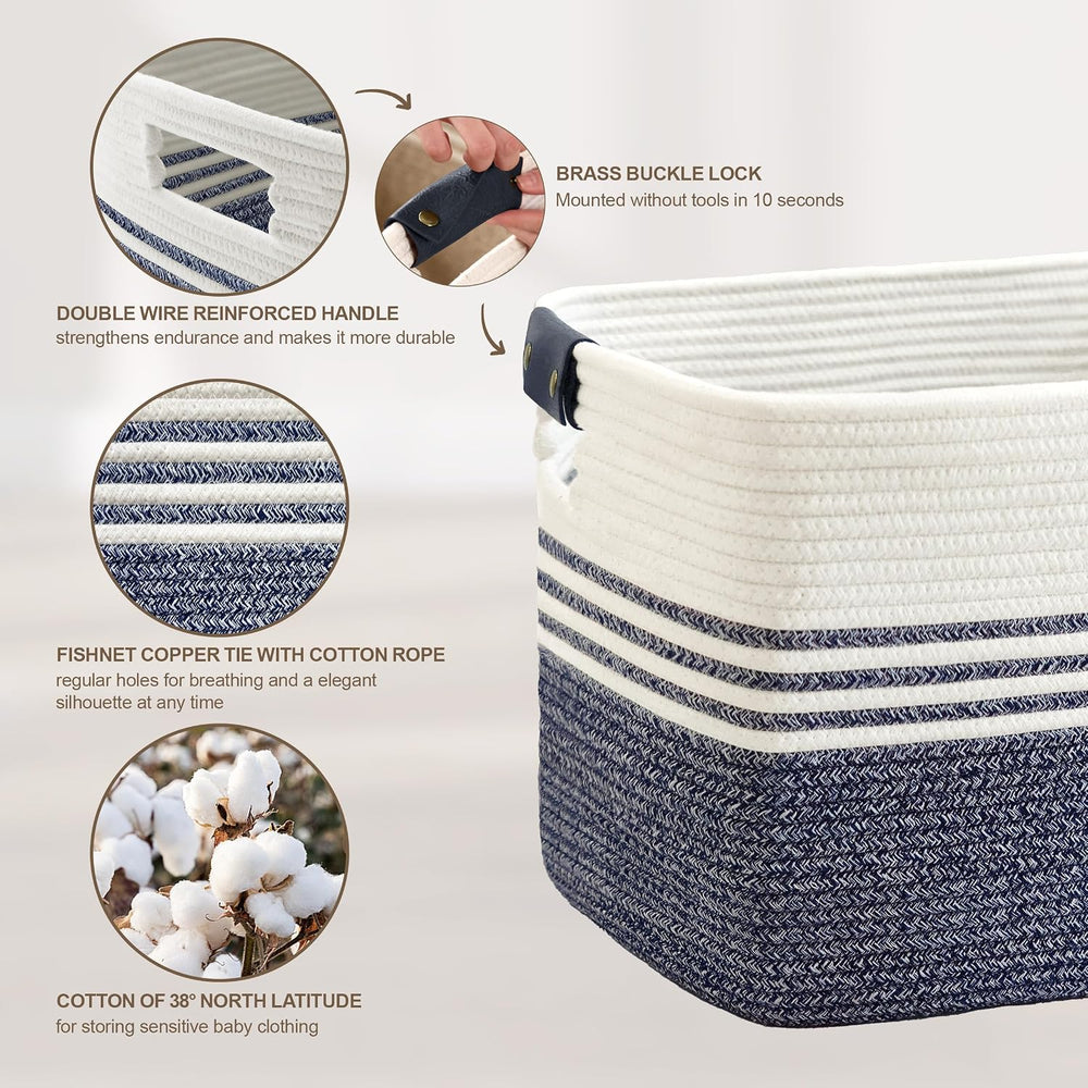 72L Woven Laundry Basket Hamper with Leather Handles,Denim Blue