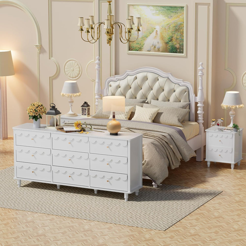 Anbuy Scalloped Dresser for Bedroom White 9 Drawer Dresser, Long Scalloped Ch...