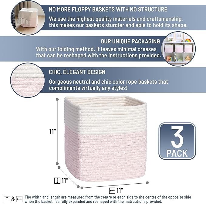 NaturalCozy Storage Cubes 11 Inch Cotton Rope Woven Baskets