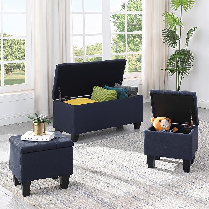 Set of 3 Hinged Storage Ottoman, End of Bed Bedroom Bench Window Bench - Image 2