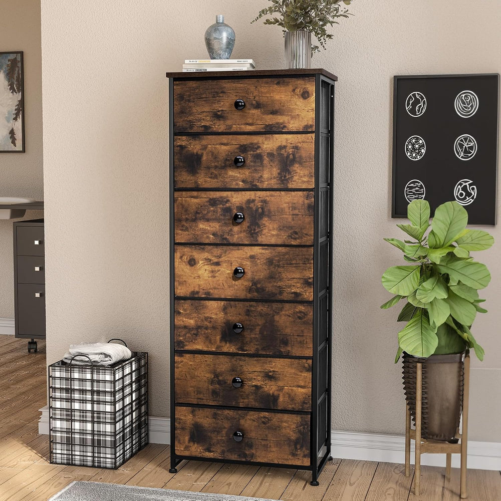 Fabric Dresser for Bedroom, 7-Drawer Tall Vertical Tower (Rustic Brown))